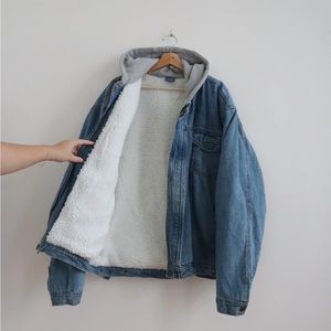 Vintage Denim Sherpa Coat with Hood